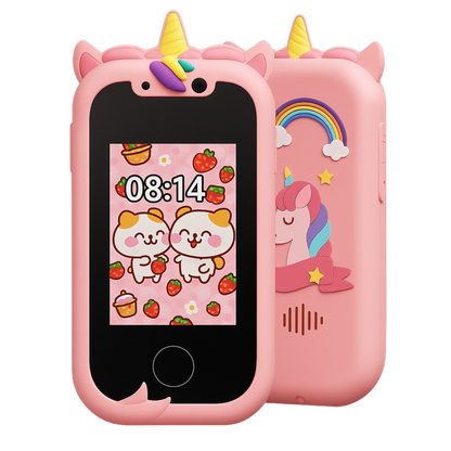 Entillio™ kids learning phone in pink with unicorn design, featuring a colorful screen with cartoon animals and strawberries.
