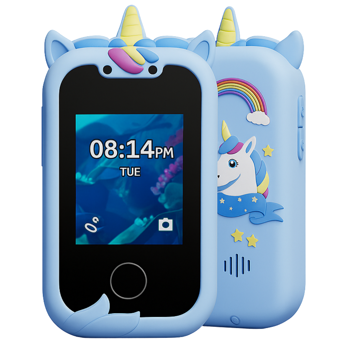 Entillio™ kids learning phone in blue with unicorn design, featuring a colorful screen and playful accents.