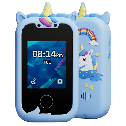 Entillio™ kids learning phone in blue with unicorn design, featuring a colorful screen and playful accents.