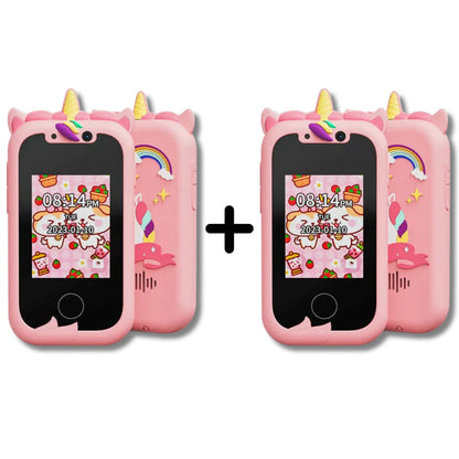 Kids learning phone in pink unicorn case, featuring a colorful screen with time and playful graphics.