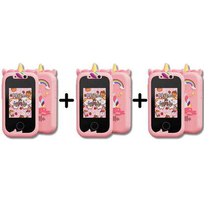 Entillio™ kids learning phone in pink unicorn design with colorful screen and playful graphics.