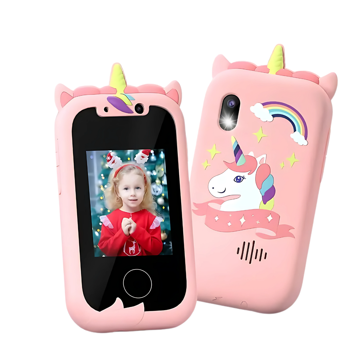 Kids learning phone in pink with unicorn design, featuring a front screen and decorative elements like a rainbow.
