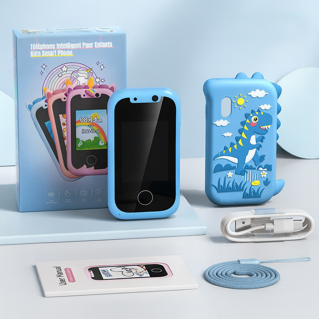 Entillio™ kids learning phone in blue with dinosaur design, accompanied by a charging cable and colorful box.