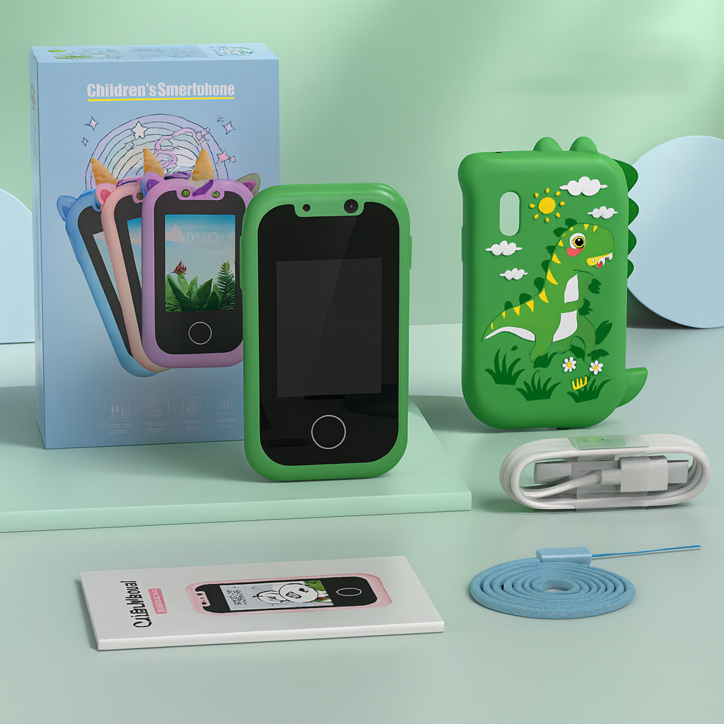 Entillio™ kids learning phone in green dinosaur case, with additional phone colors, charging cable, and instruction manual.