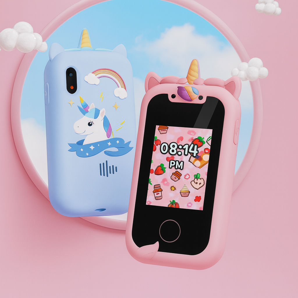 Entillio™ kids learning phone in blue with unicorn design and pink case featuring a colorful screen displaying the time.