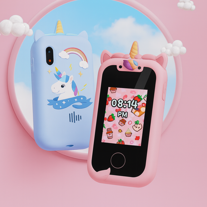 Entillio™ kids learning phone in blue with unicorn design and pink case featuring a colorful screen displaying the time.